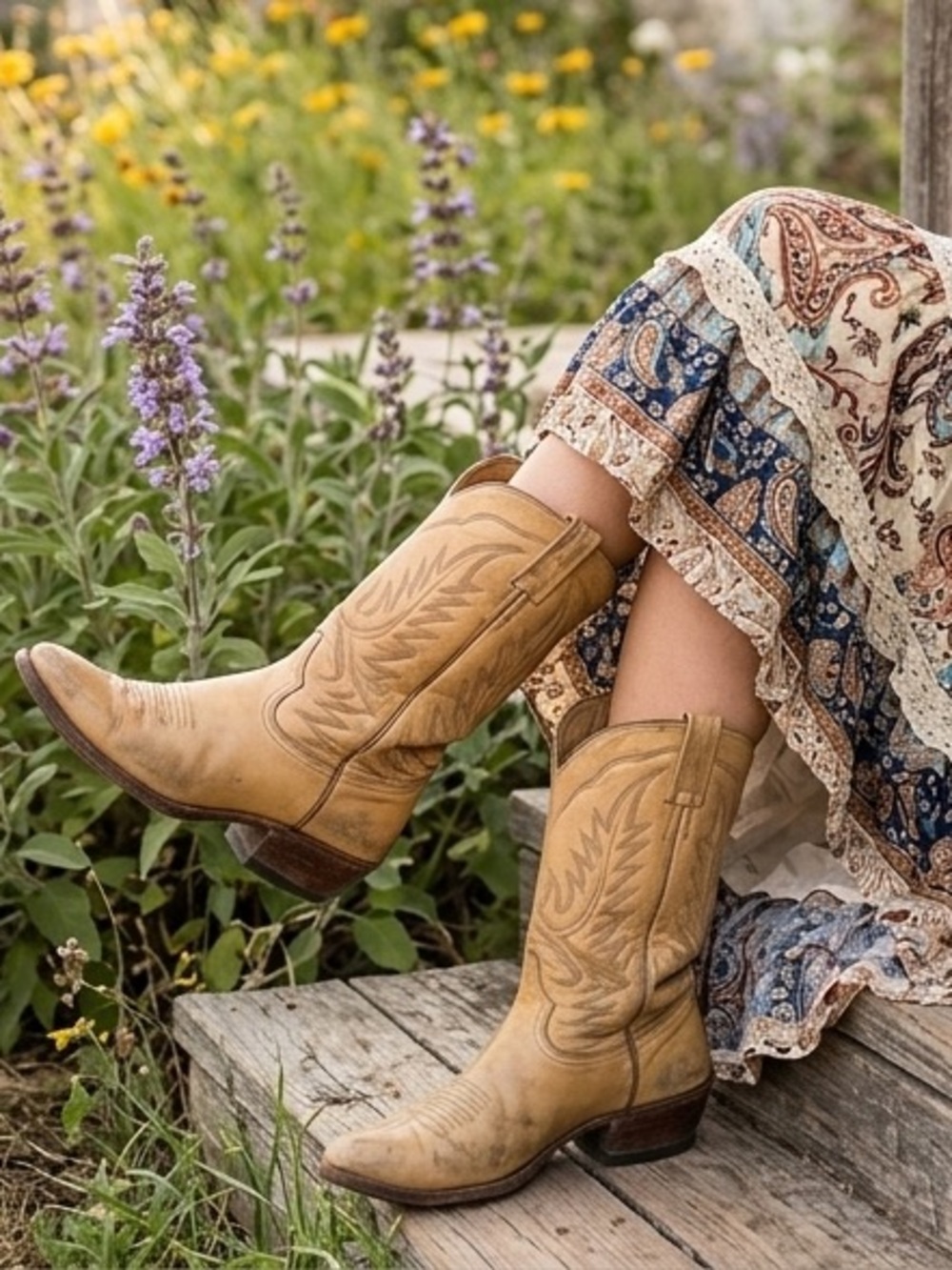 Women's Tan Leather Western Cowboy Boots - Classic Embroidered Shaft